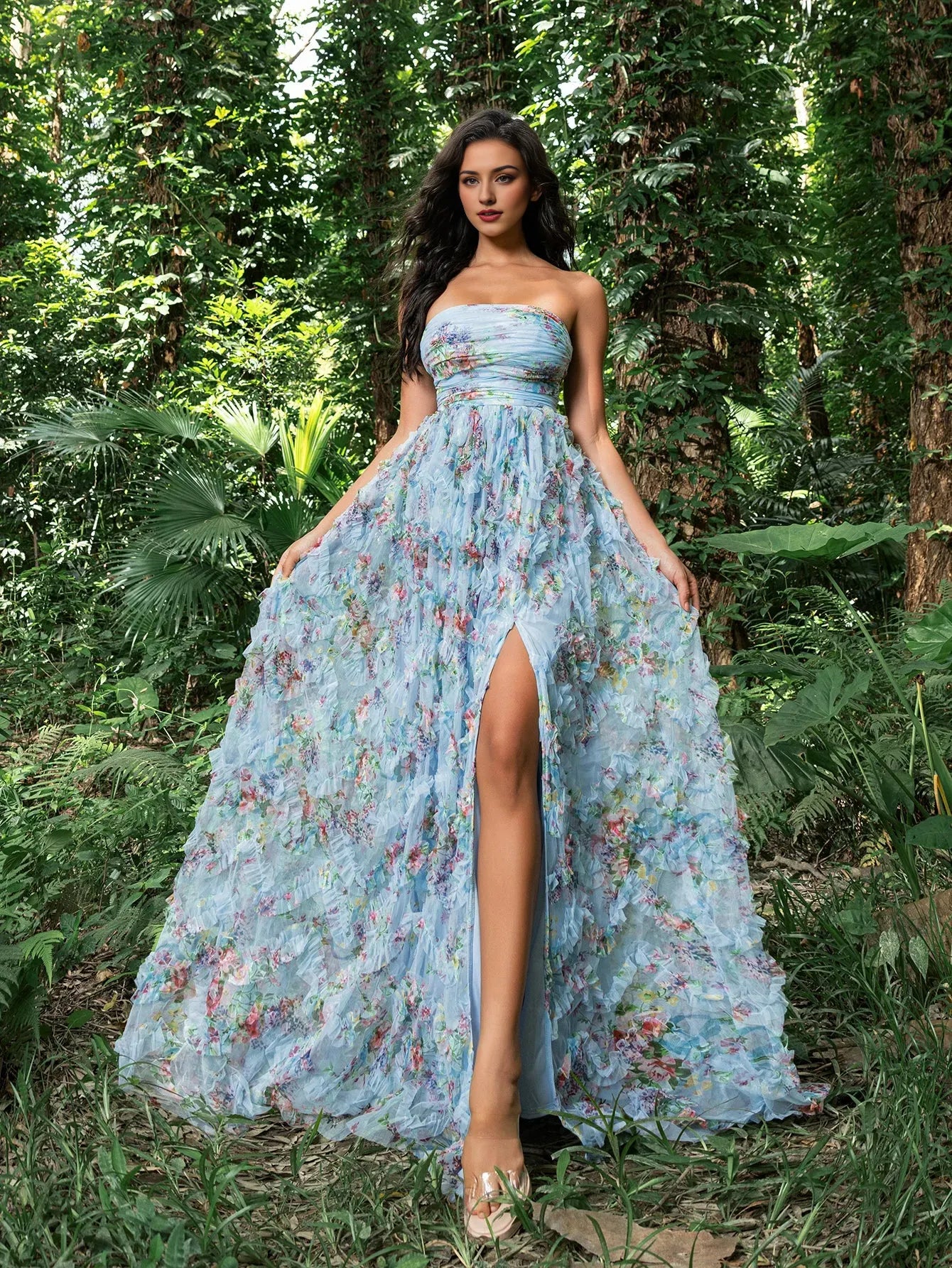 Elegant Evening Dresses/ Floral Printed Mesh Overlay Off-the-Shoulder Party Dress Evening Dresses/ Evening Dresses For Women